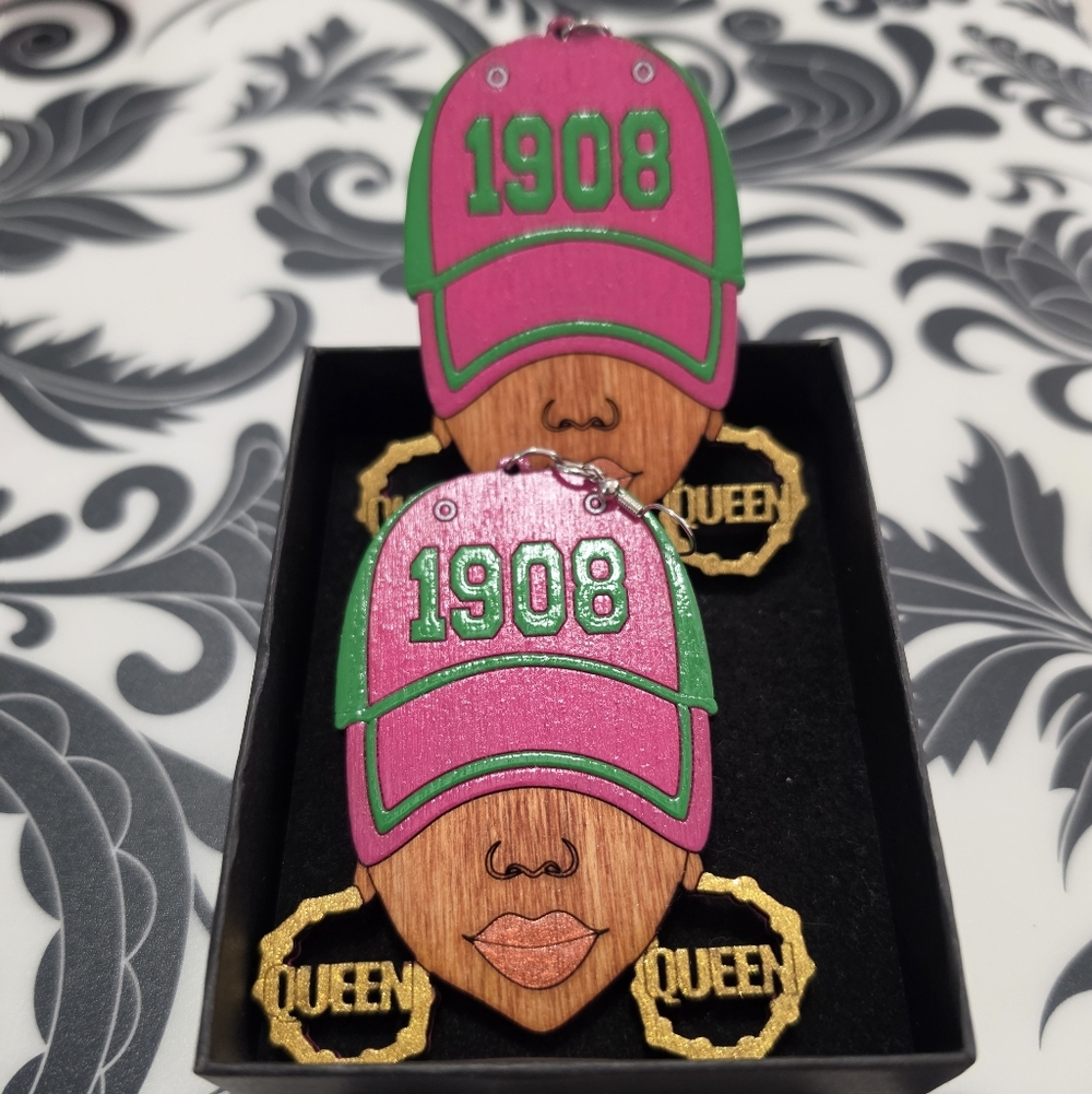 Pink & Green '1908' Wood Face Earrings with Gold QUEEN Hoops
